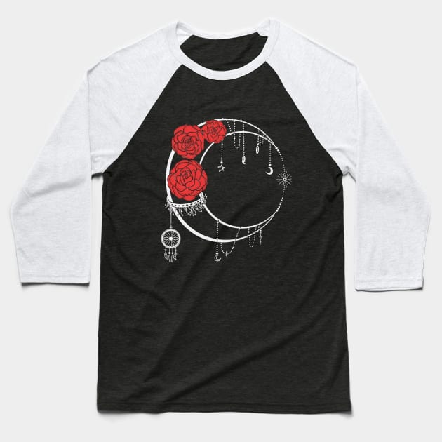 Dark Moon with Red Roses with Back Words Tattoo Baseball T-Shirt by Kalma Kun